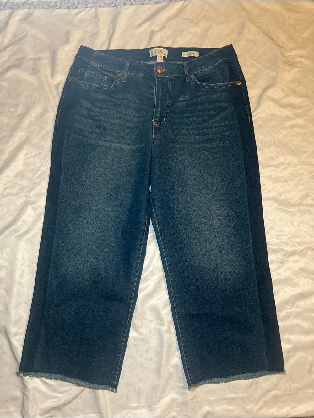 LOGO Lori Goldstein Cropped Wide Leg Jeans,Side Panel Dark WashRaw Hem,Blue,12P